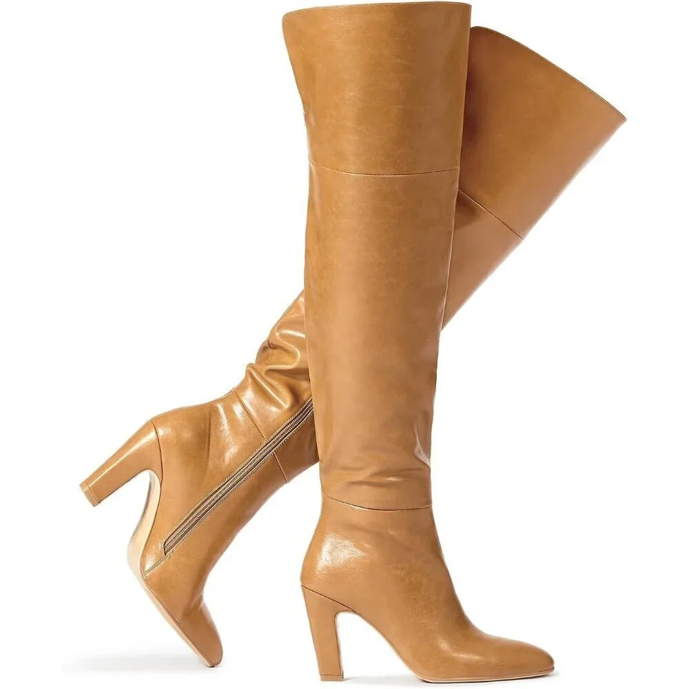 Women Camel Faux Leather Chunky Heel Side Zipper Thigh High Over the Knee Boot